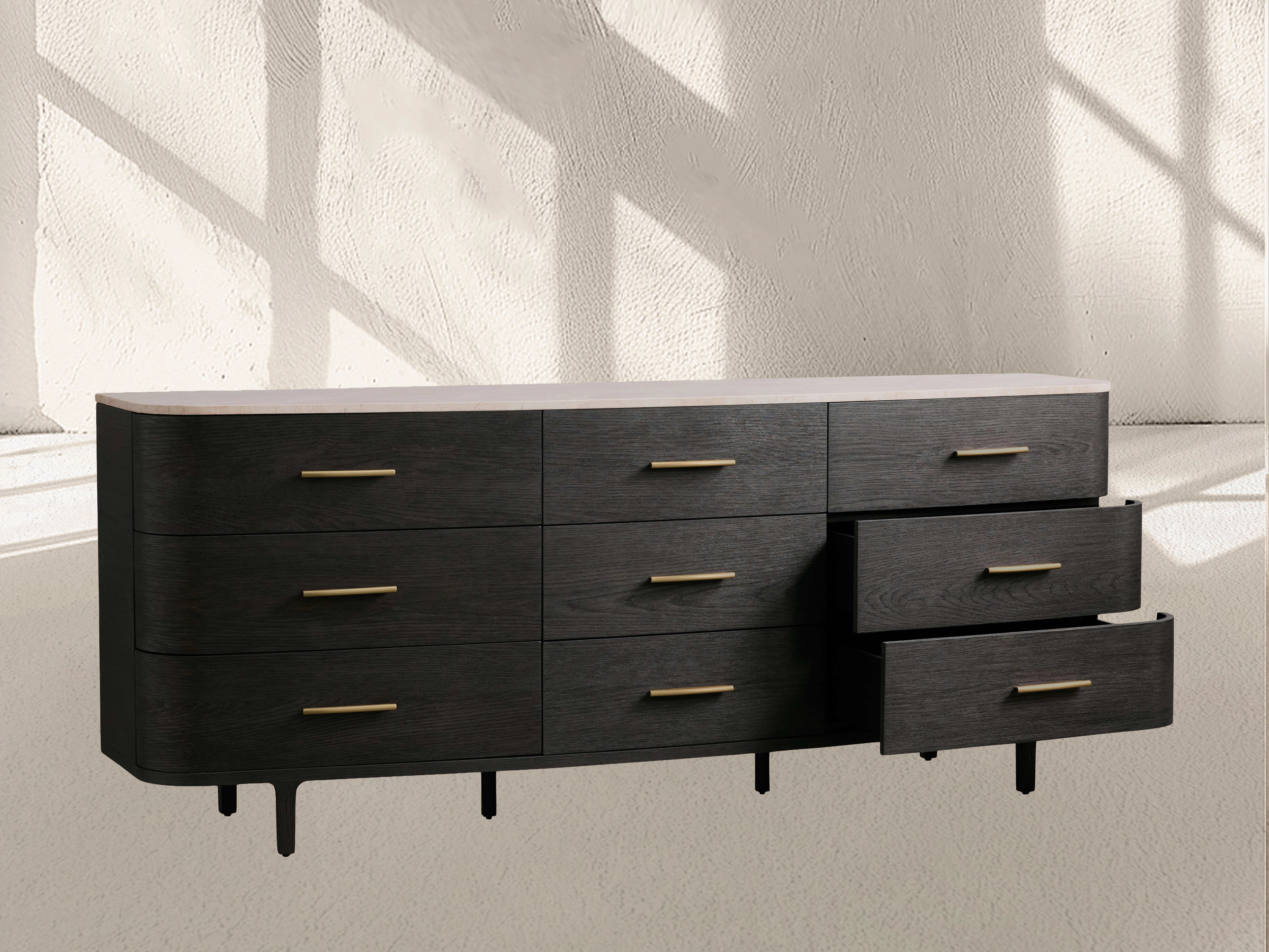 Danny Nine Drawer Dresser with Oak Wood and Marble Top, CARRARA MARBL / EBONY-Paphilly Furniture