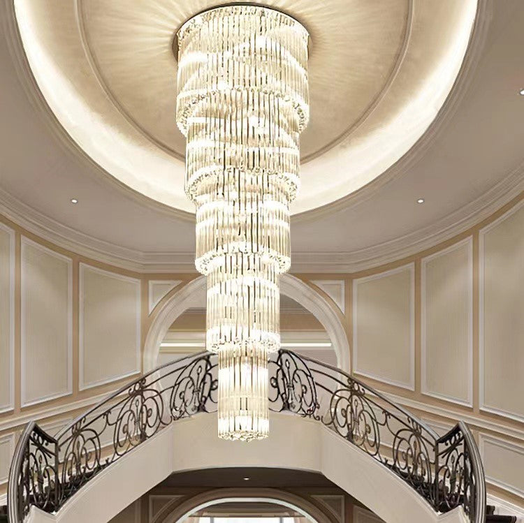 Oversized Tiered Crystal and Stainless Steel Ceiling Chandelier for Luxury Duplex and High-Ceiling Spaces