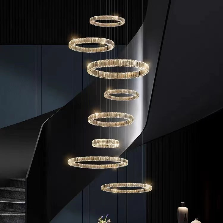 Modern Round Layered Crystal Chandelier with K9 Crystals and Stainless Steel Finish for High Ceiling
