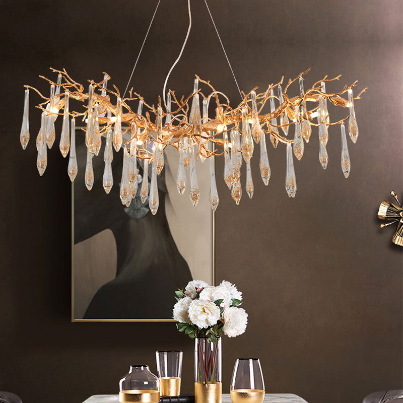 Agnes Raindrop Brass Branch Crystal Chandelier For Dining Room