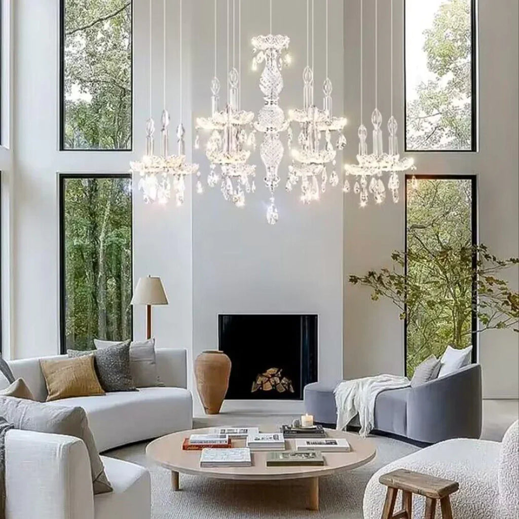 French Romantic Crystal and Glass Candle Chandelier Pendant Light with Metal Finish for Living Room Dining Room Bedroom