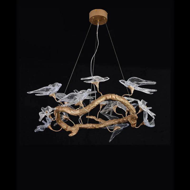 Lucky Bird Glass Brass Branch Round Chandelier