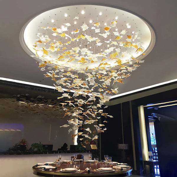 Multicolor Maple Leaf Art Glass Large Oversize Chandelier