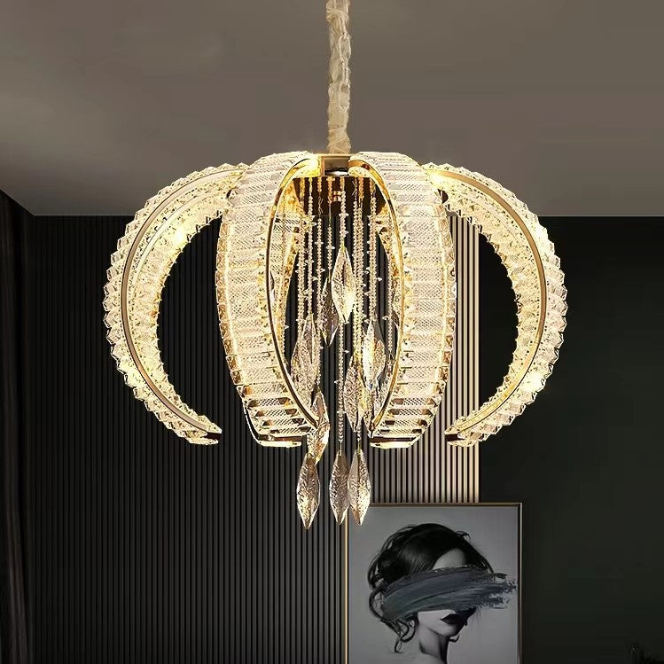 Luxury K9 Crystal Pendant Chandelier with Curved Vacuum Plating Finish, Unique Lantern Shape for Living Dining Room Foyer