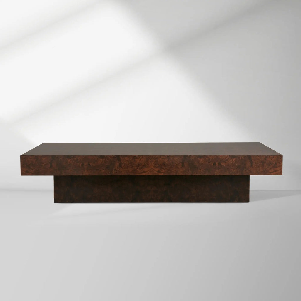 Cinzia Rectangle Burl Coffee Table Plinth-style Base Cocktail Table Wood Sofa Center Tea Table