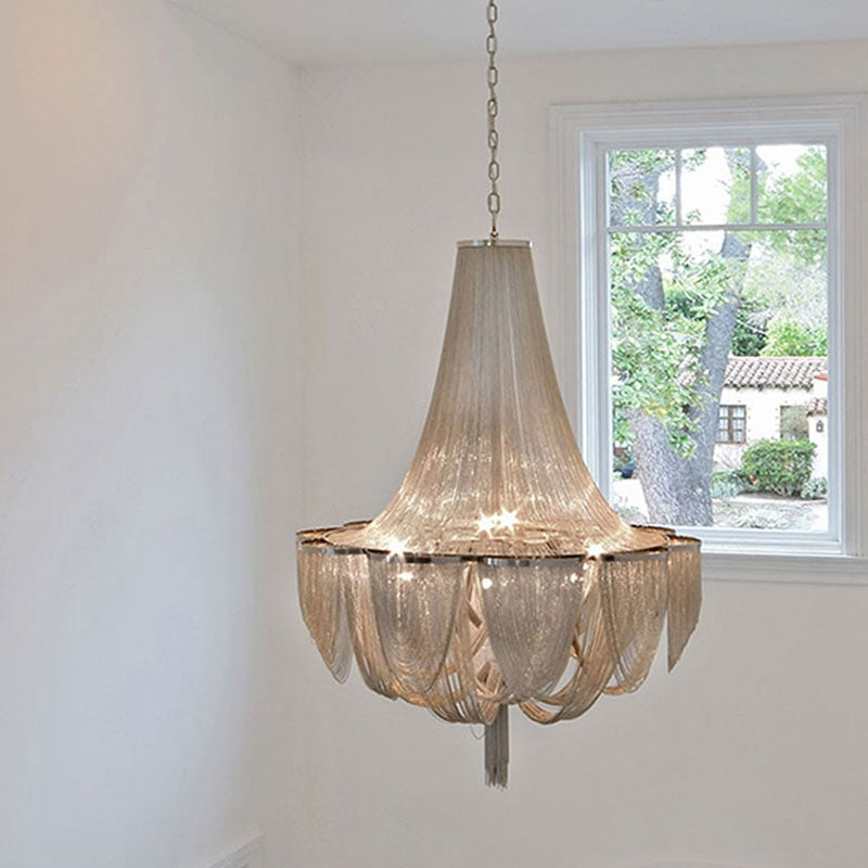 Designer Models Oversized Aluminium and Stainless Steel Long Tassel Pendant Chandelier with Multi-Crafted Finish for Living Room, Staircase, Villa
