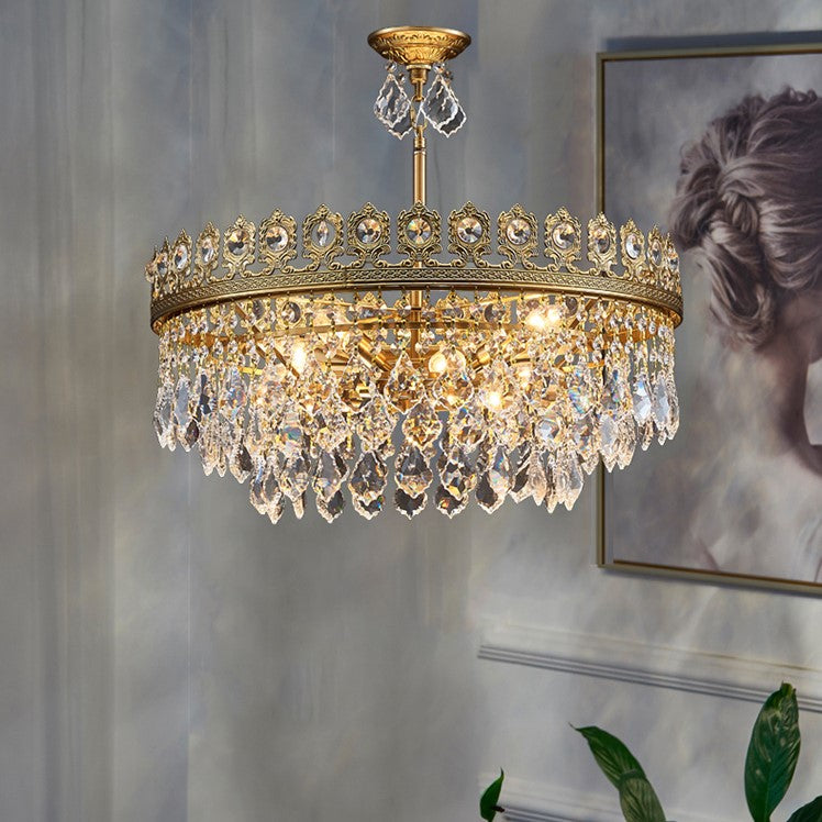 French Light Luxury Tiered Gold Crown Raindrop Crystal Pendant Chandelier for Living/Dining Room