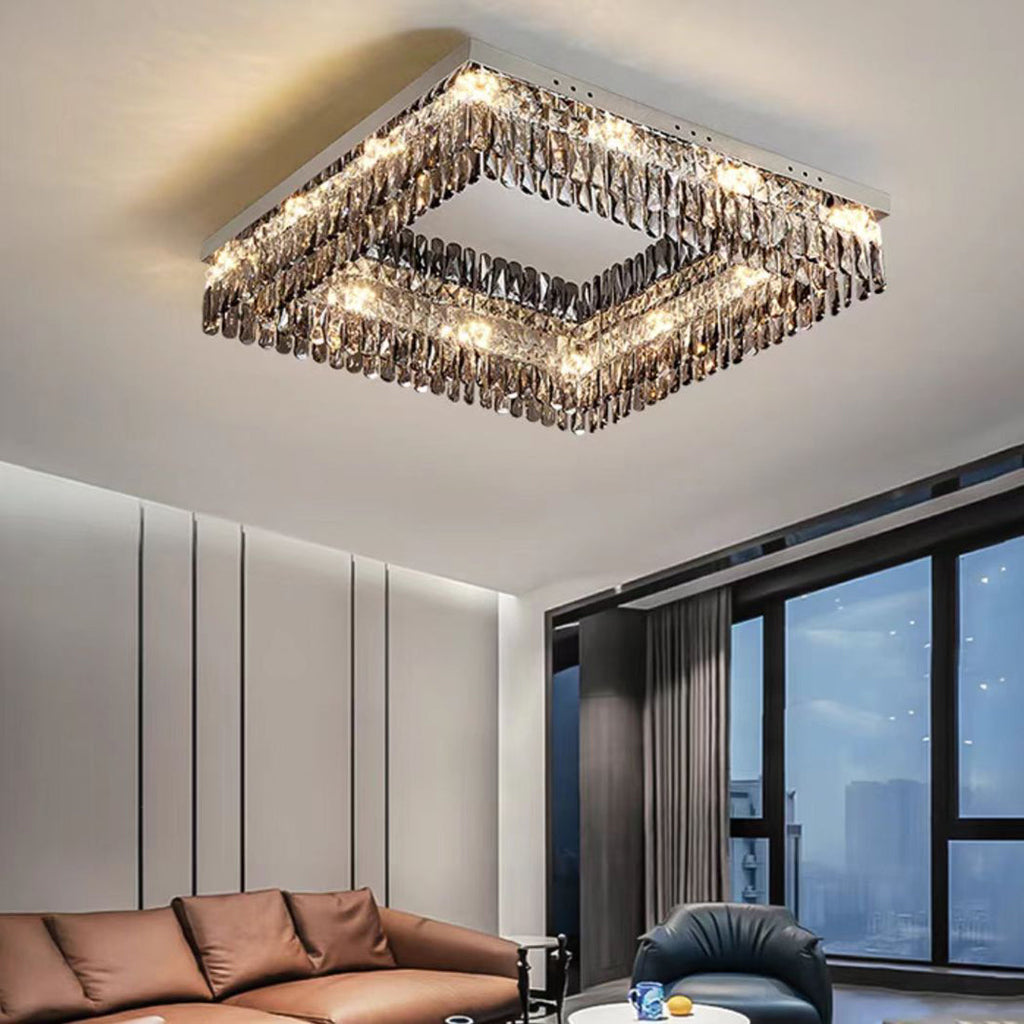 Oversize Modern Flush Mount Chandelier with Mirrored Stainless Steel and Crystal Pendants, Square & Rectangular Shapes
