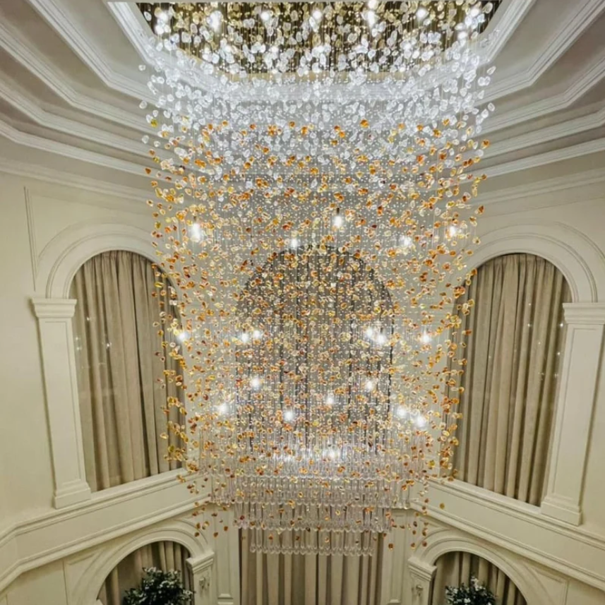 Modern Waterfall Glass Gem Stone Chandelier with Rectangle Canopy – High-Quality Glass and Metal Finish for Villa, Hotel, Entryway, Living Room