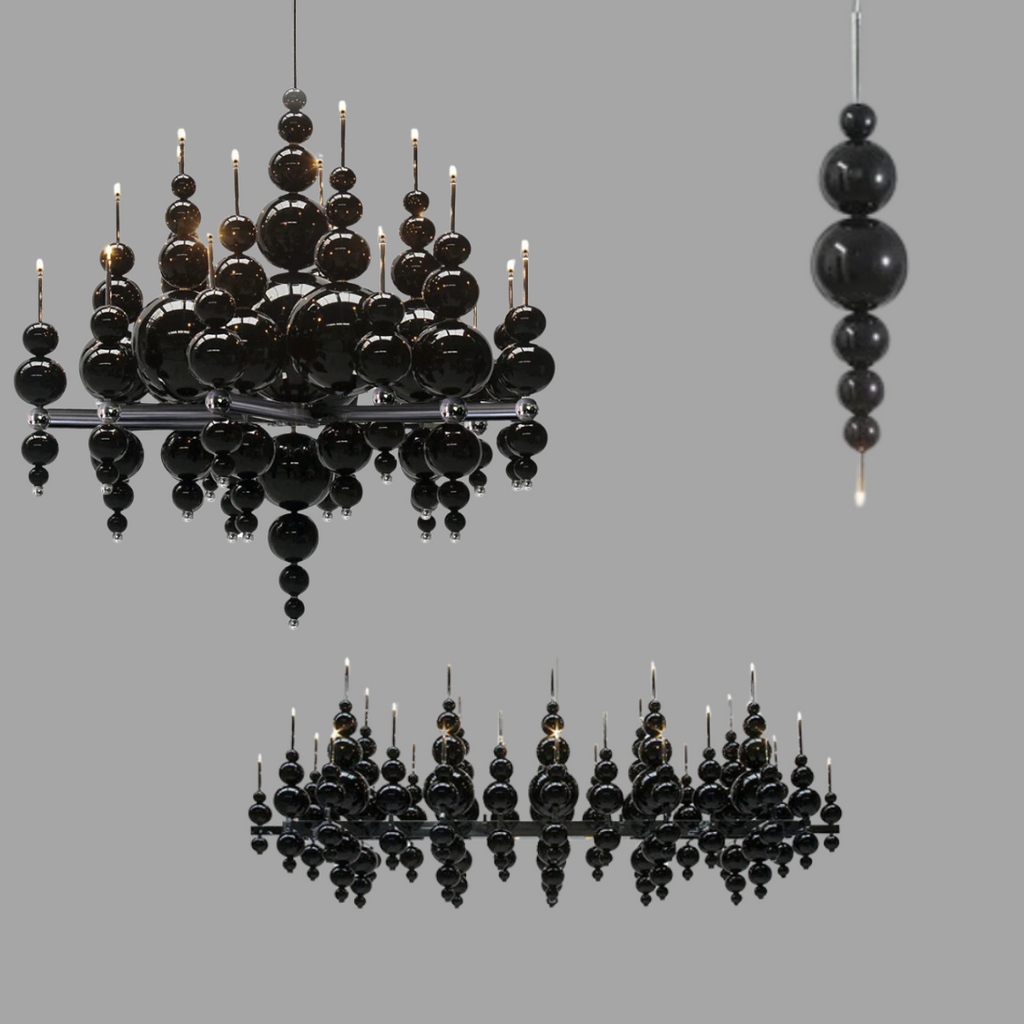 Modern Black & White Glass Ball Cluster Chandelier – Round/Linear Metal Finish for Living & Dining Room