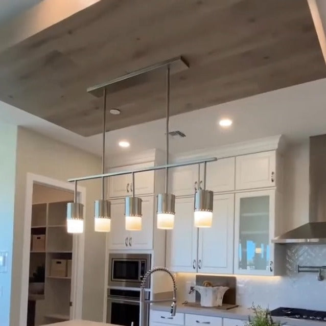 Industrial Antique Silver 5-Light Metal and Glass Chandelier with White Glass Shades for Kitchen Island, Bedroom, Dining Room Table