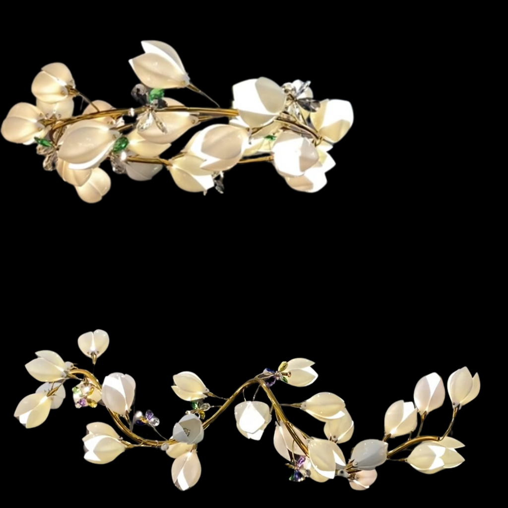Luxury Ceramic Magnolia Ginkgo Chandelier with Crystal and Brass Finish for Bedroom Living Room Dining Room Kitchen Island