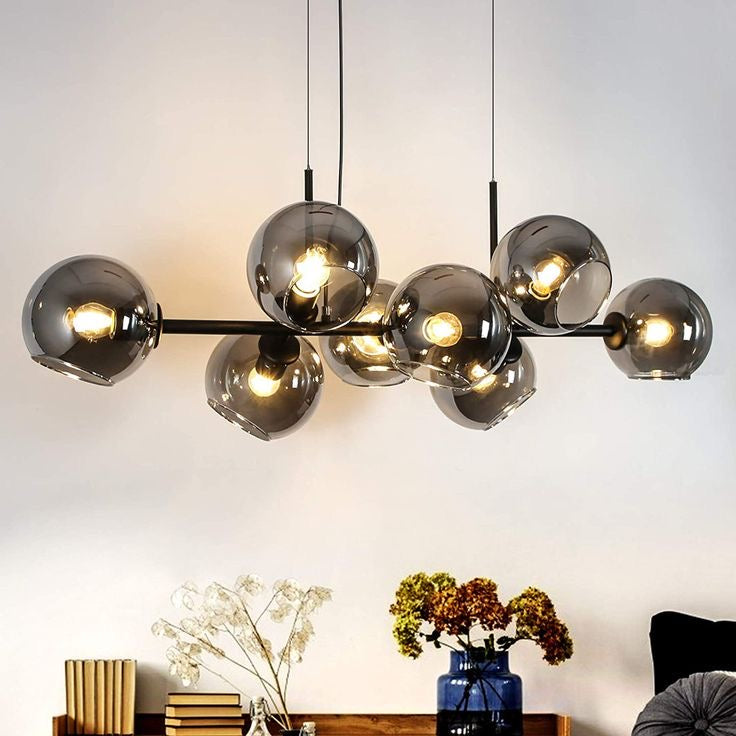 Modern Linear Smoky Gray Glass Globe Shade Chandelier with Painted Iron Finish for Dining Room and Kitchen Island
