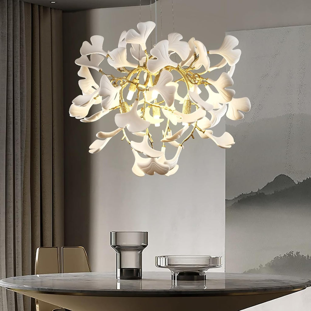 23.6'' Gold and White Ceramic Ginkgo Leaf Chandeliers