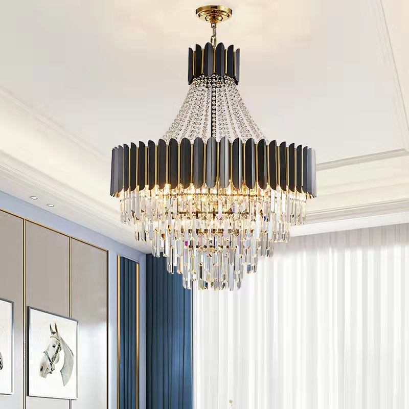 Black Crystal and Stainless Steel Round Chandelier Ceiling Light Fixture, Modern Finish