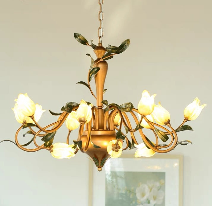 Vintage European Country Style Tulip Flower Chandelier with Brass Finish Wrought Iron Frame for Dining and Living Rooms