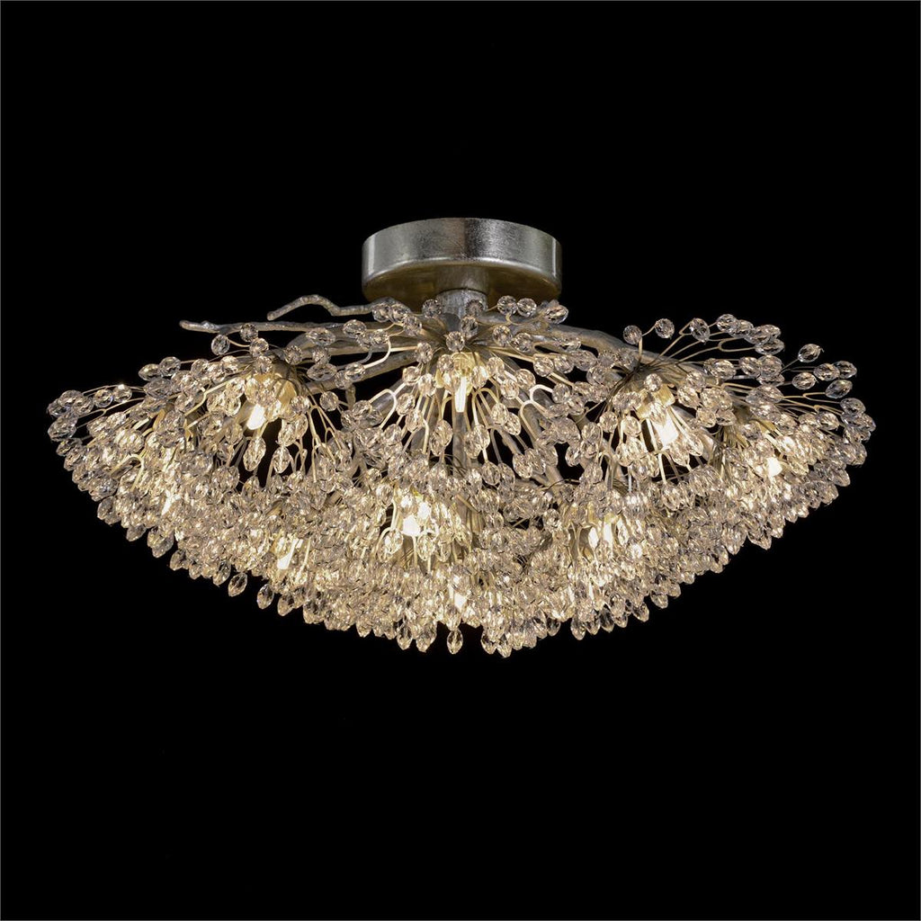 Hanasaku Flower Sixteen-Light Flush Mount in Antique Silver Leaf with Hand-Cut Crystal
