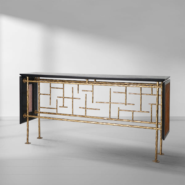 Vintage Forged Iron Forged Metal Frame Rattan Console Table