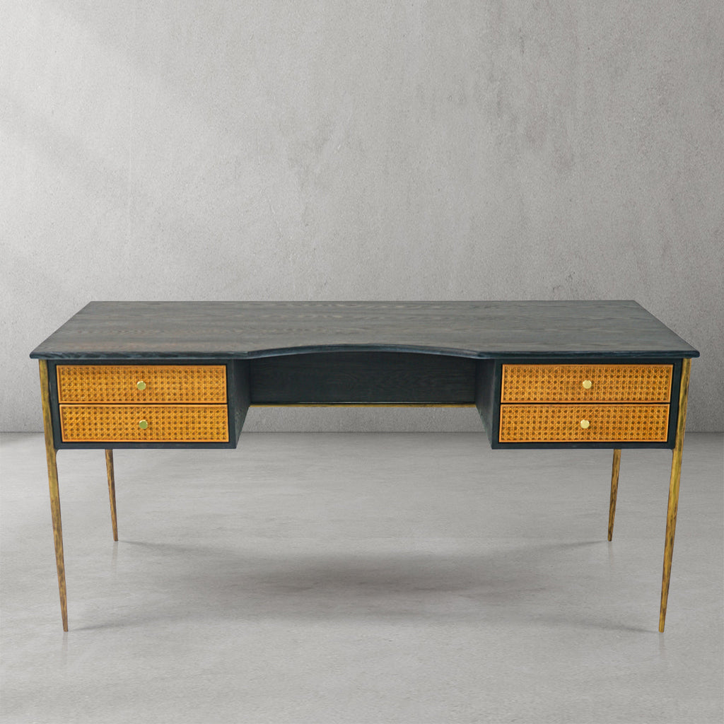 Vintage Forged Retro Brass Iron Frame Rattan Desk
