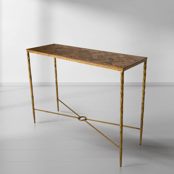 Vintage Forged Metal Frame Elm Wood Console Table
