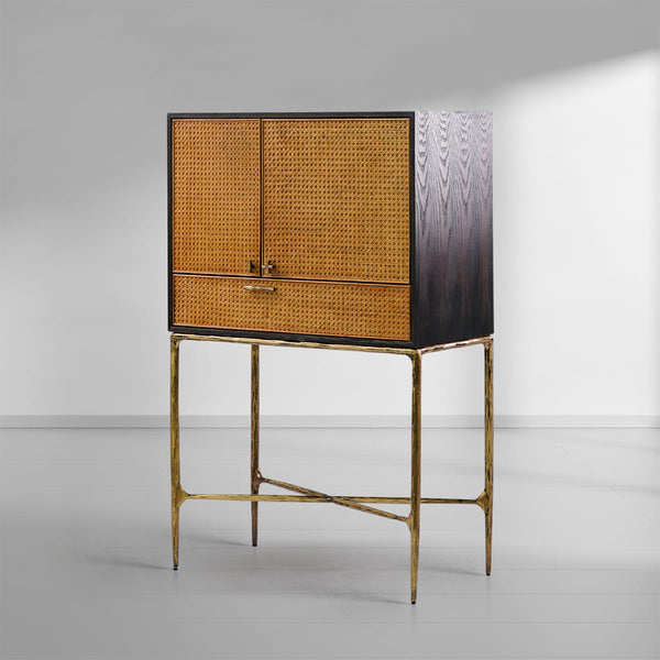 Vintage Forged Metal Frame Rattan Side Cabinet