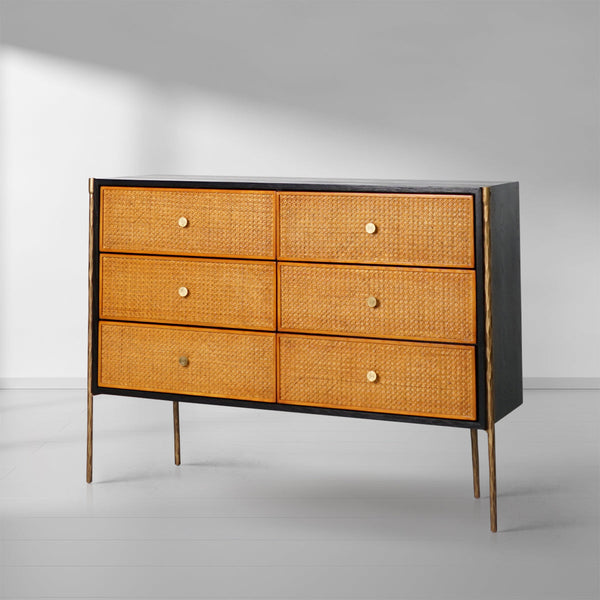 Vintage Forged Metal Frame Rattan 6-Drawer Side Cabinet