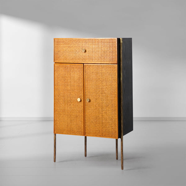 Vintage Forged Iron Forged Metal Frame Rattan Side Cabinet