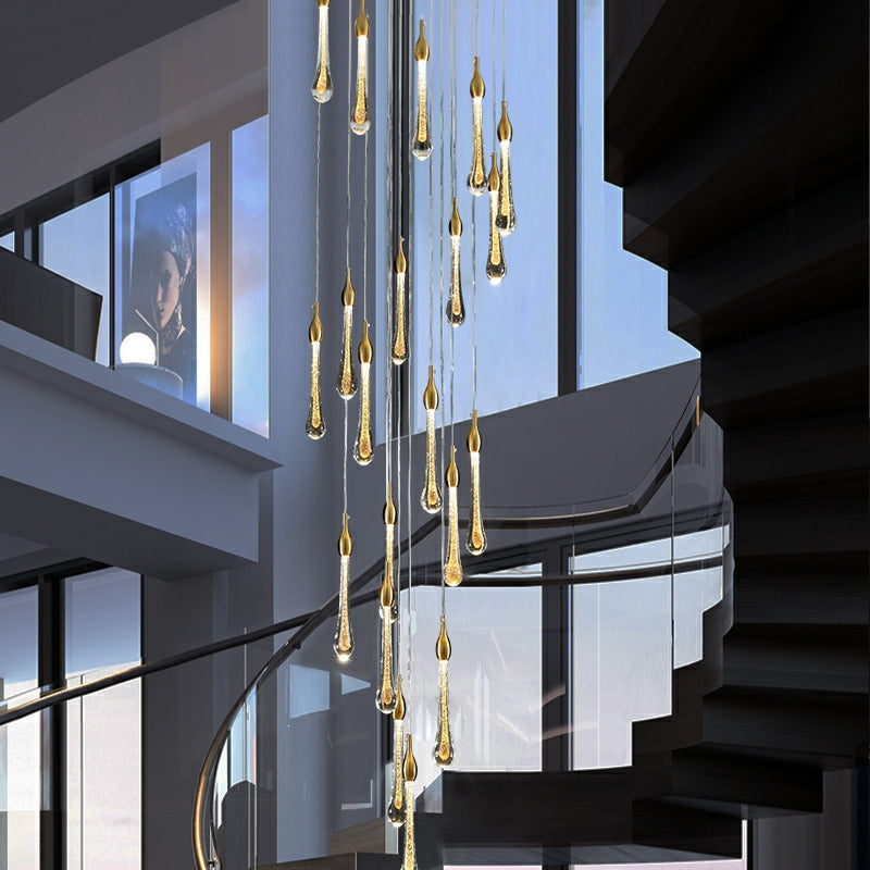 Gold Finish Glass Drops Pendant Chandelier Spiral Staircase Light Fixture with High-Quality Crystal