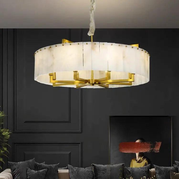 Alabaster Flake Brass Round Chandelier Lighting - Yovalighting