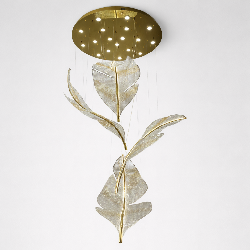Modern Floating Crystal Leaves Chandelier for High Ceilings
