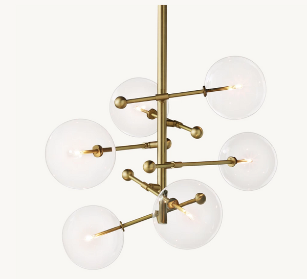Glass Globe Mobile Six-Arm Chandelier 40"-  Lacquered Burnished Brass