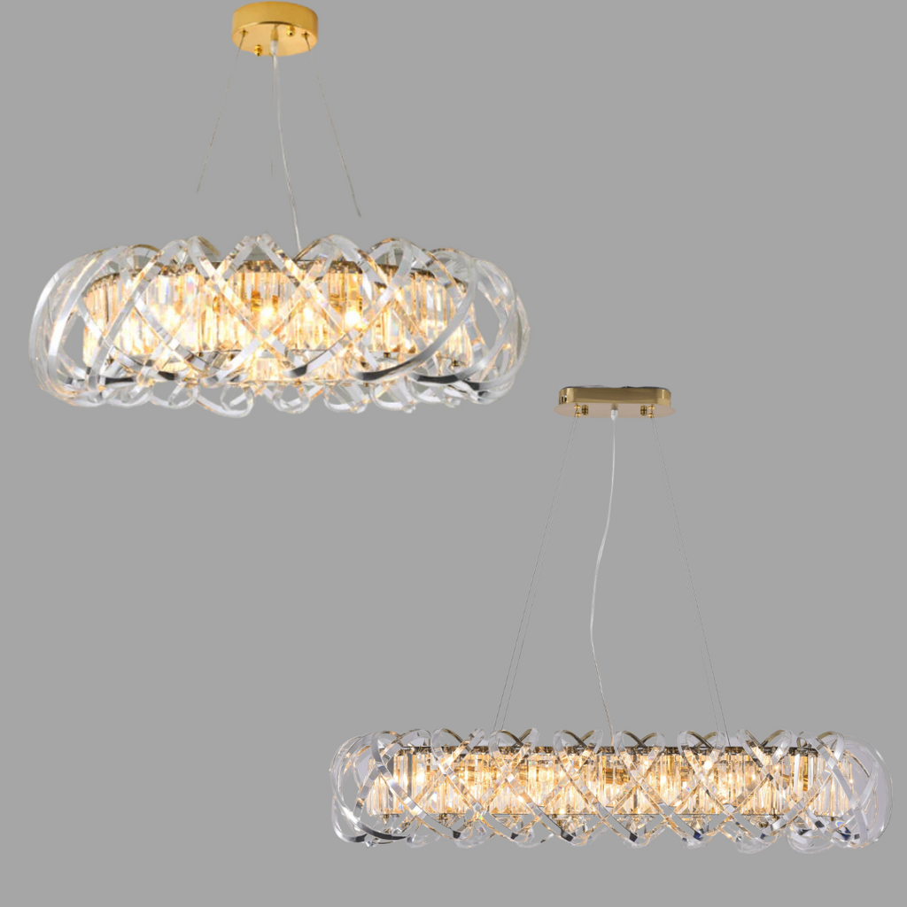 Modern Crystal Chandelier with Transparent Crossed Shell Finish, Round & Rectangle Shapes, K9 Crystal & Stainless Steel, LED Light for Dining & Living Room