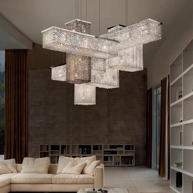 Luxury Rectangular Crystal and Metal Chandelier for Living Room, Staircase, Foyer, Hallway