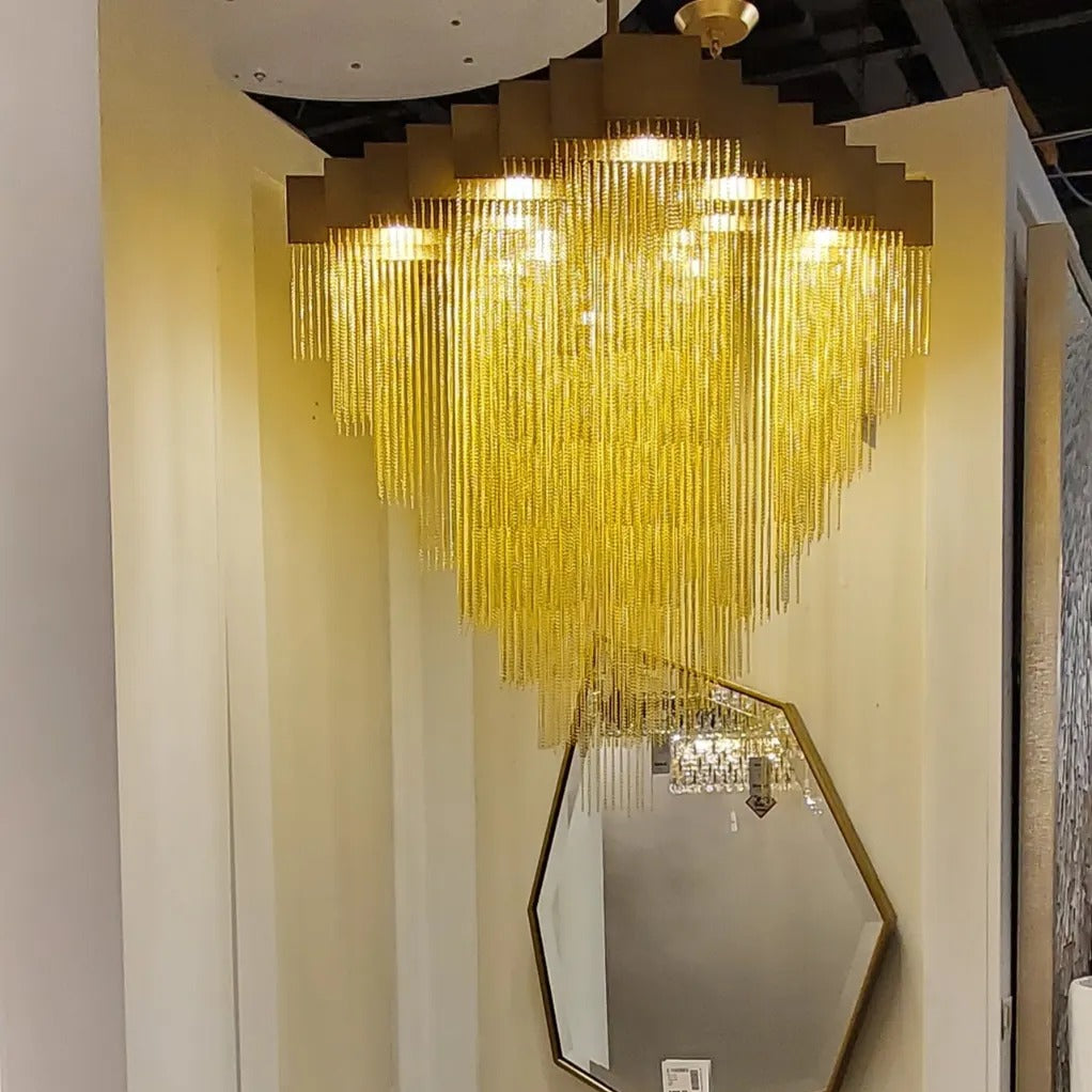 Extra Large Round Multi-Tier Aluminum Tassel Chain Chandelier with Hand-Woven Finish for Villa Stairs Foyer Living Room