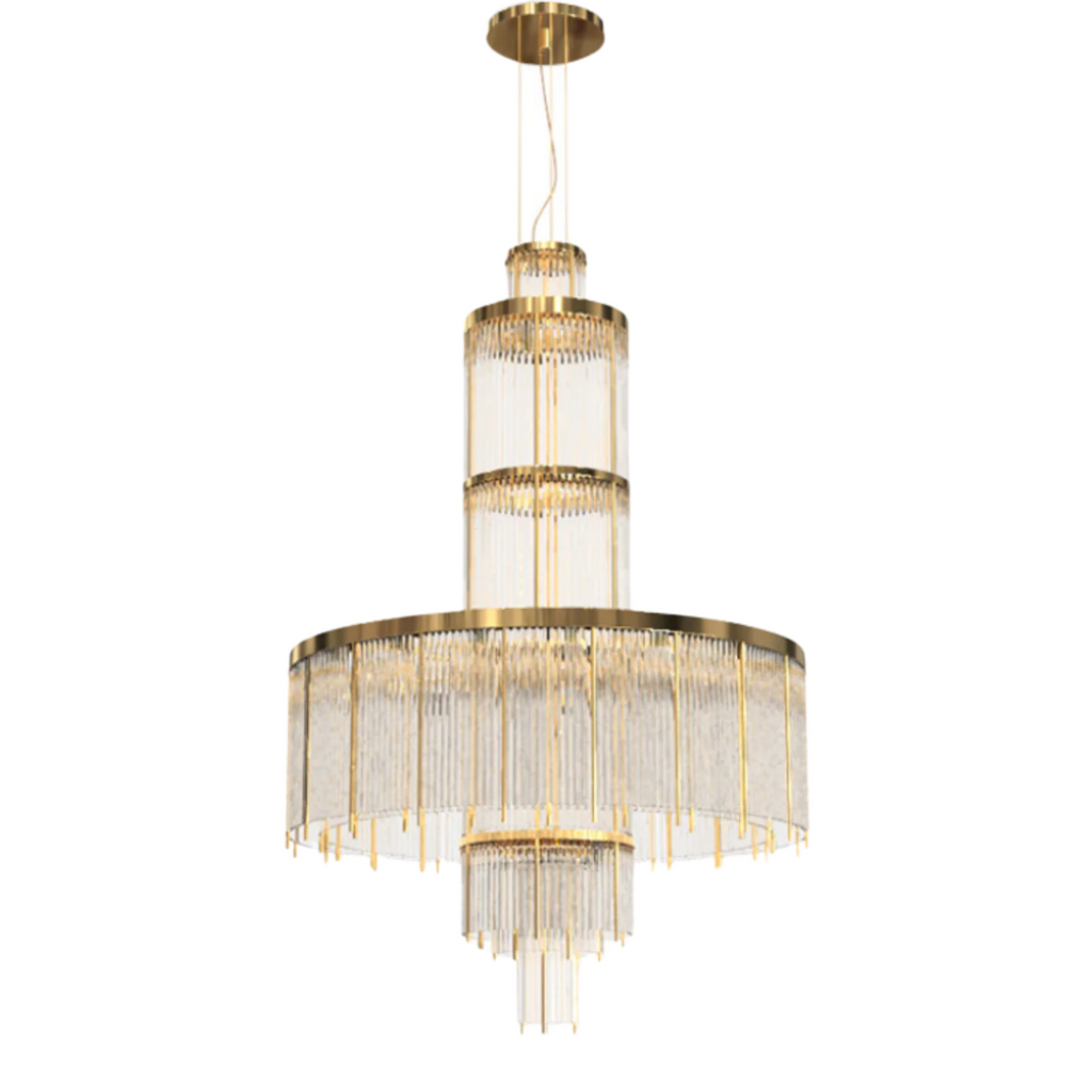 Modern Multi-layered Glass&Metal Rods Chandelier for High-ceiling