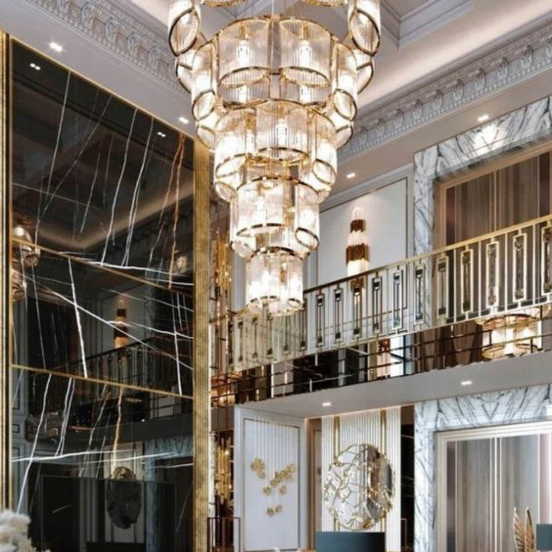 Modern 5-layer Glass Rods Tiles Chandelier for High-ceiling – Yovalighting