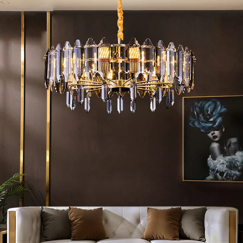 Modern Transparent Crystal and Gold Chandelier with Oval Slices, Round & Rectangle Shapes, High-Quality Finish for Dining and Living Room