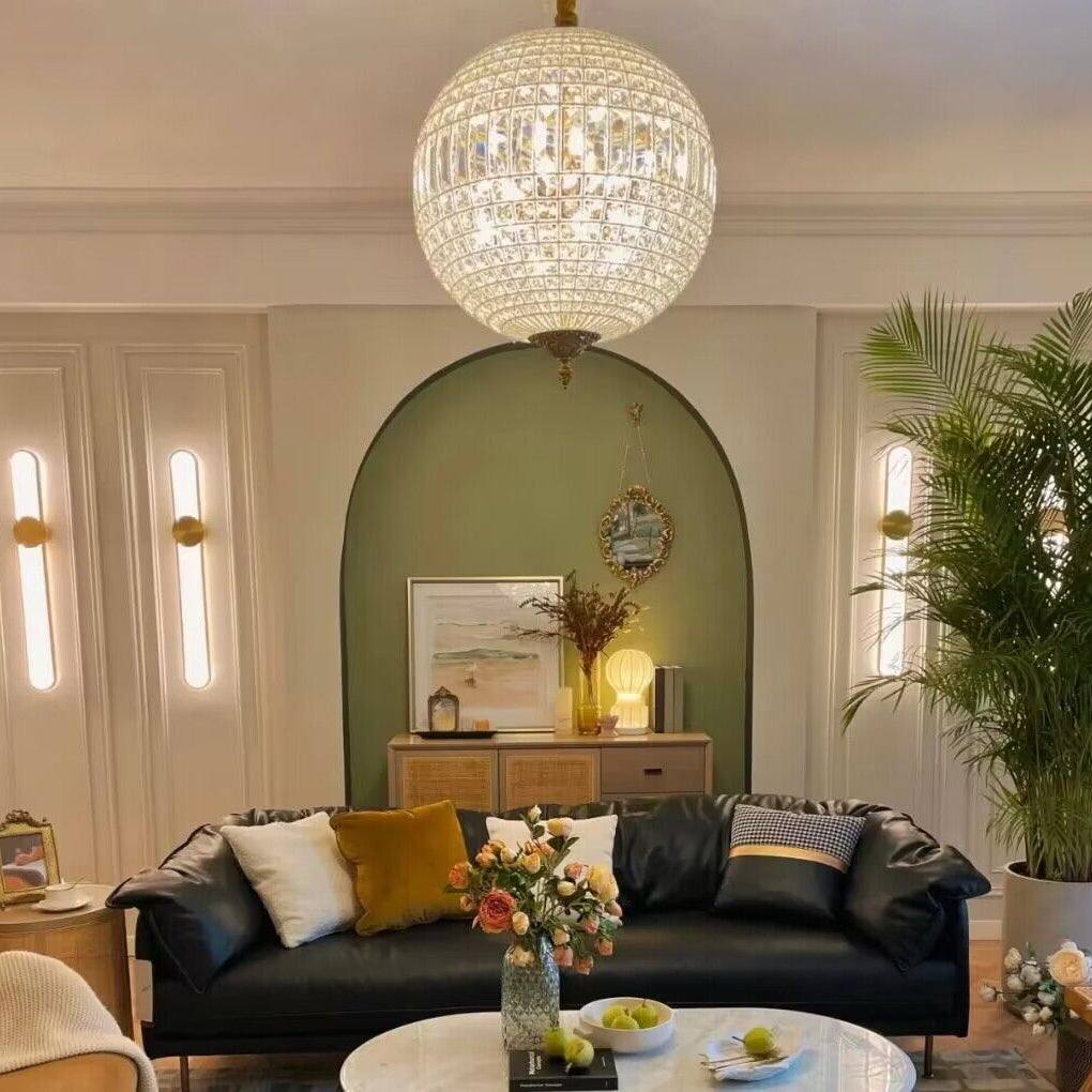 Vintage Sphere Crystal Chandelier with Dark Bronze or French Gold Finish – Designer Metal & Premium Crystal Lighting for Living Room Foyer Hallway