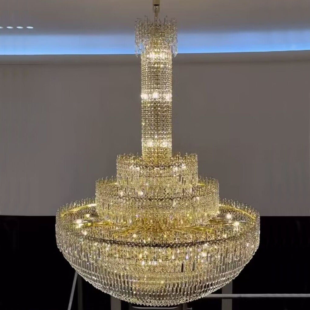 Luxury Oversized Gold Finish Round Crystal Pagoda-Inspired Chandelier for Foyer Staircase Hallway Entryway