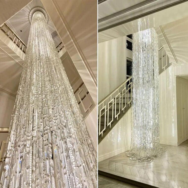 Oversized Silver Crystal Long Ceiling Chandelier Art Designer Column Waterfall Decorative Staircase Light Fixture