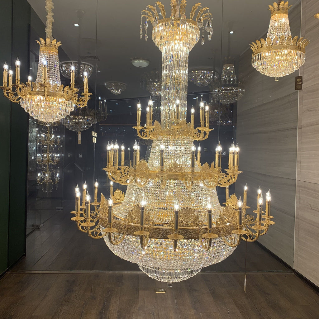 Luxury Empire Multi-tiered Candle Crystal Chandelier with Gold Finish, High-Quality K9 Crystal and Brass