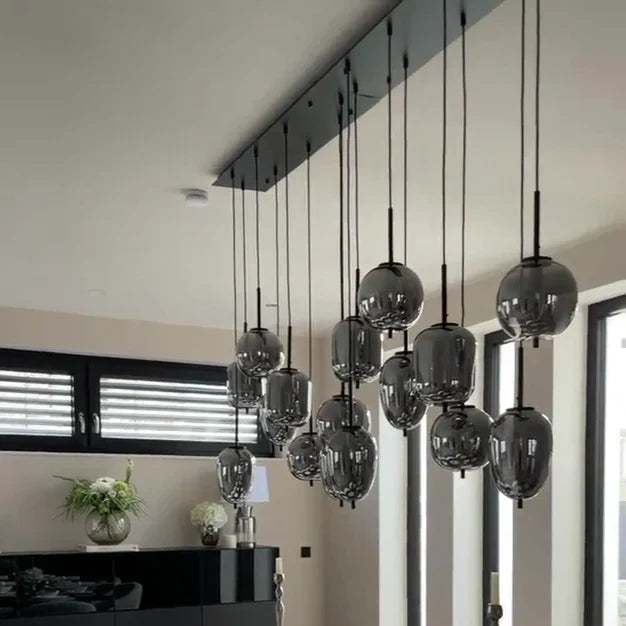 Modern Rectangular Smoky Gray Glass and Metal Chandelier for Dining Room & Kitchen Island