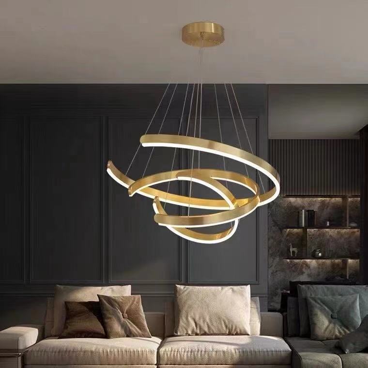Gold Ring LED Chandelier with Wrought Iron Accents Metal Open Ring Fixture for Living Room