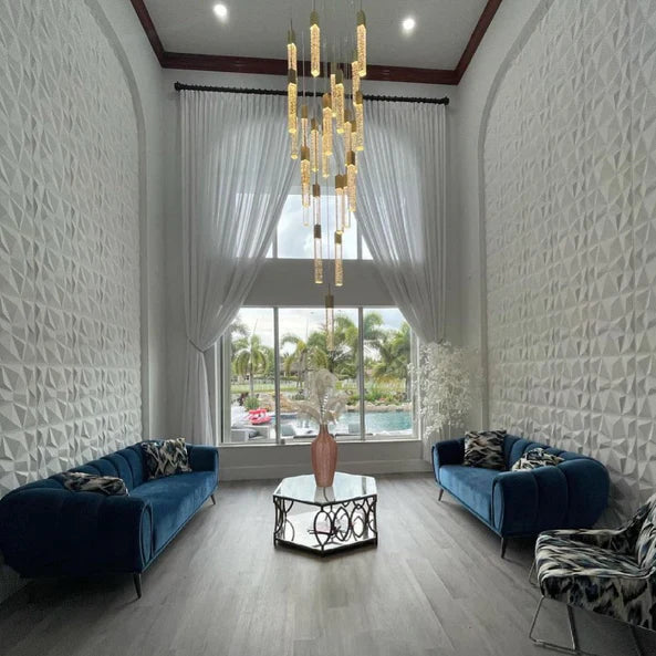 Modern Crystal Stick Chandelier with Glacier Bubble Design in Gold, Chrome, and Black Finish - High-Quality Metal & Crystal Suspension Light for Staircase and Foyer