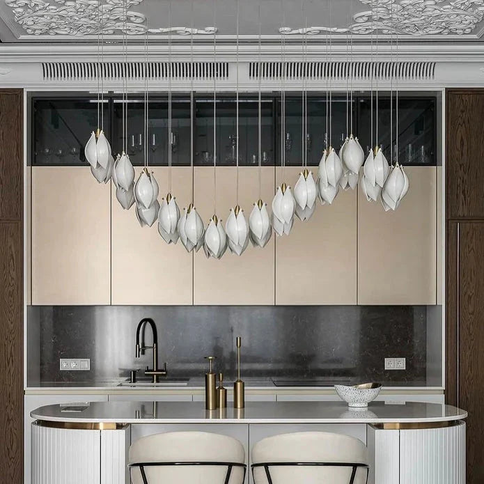 Nordic Magnolia Flower Ceramic Chandelier with Rectangular Metal Canopy