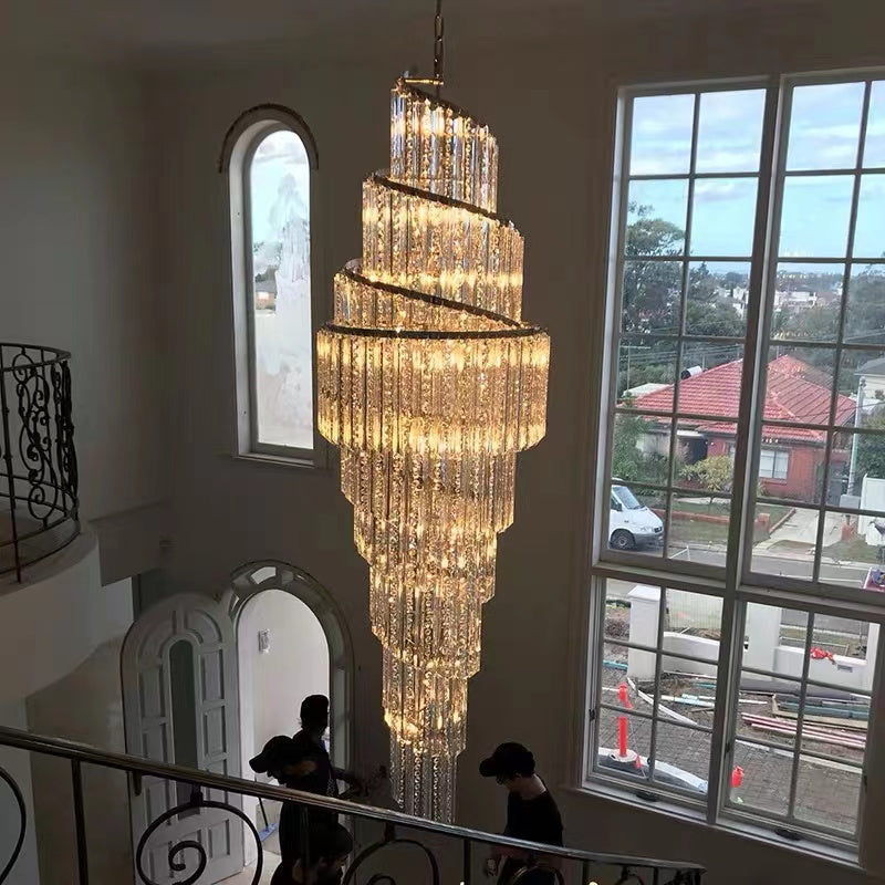 Luxury Spiral Crystal and Metal Chandelier for High-Ceiling Foyer and Staircase