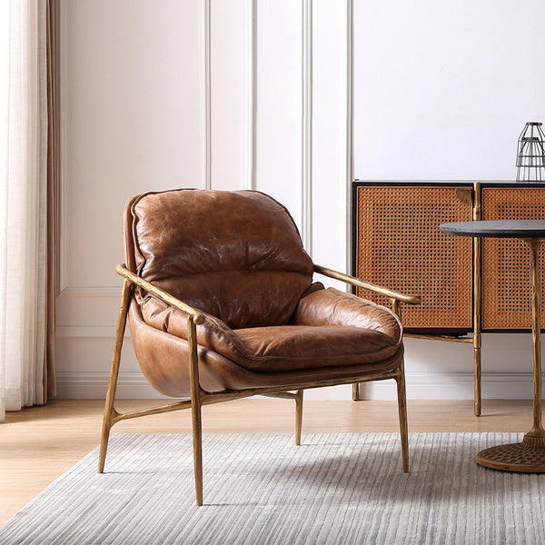 Thaddeus Forged Iron Brown Leather Accent Chairs