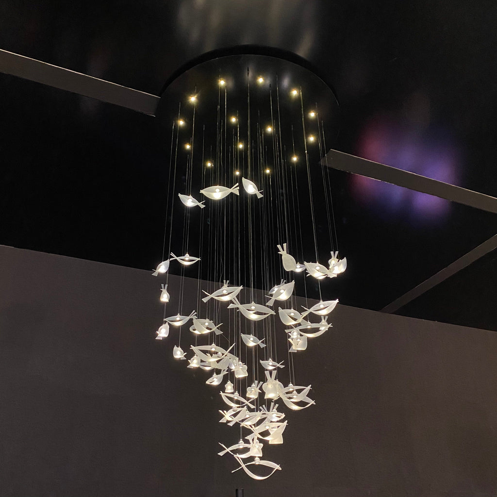 Modern Tiered Floating Acrylic and Metal Fish Chandelier for Staircase Foyer Living Room