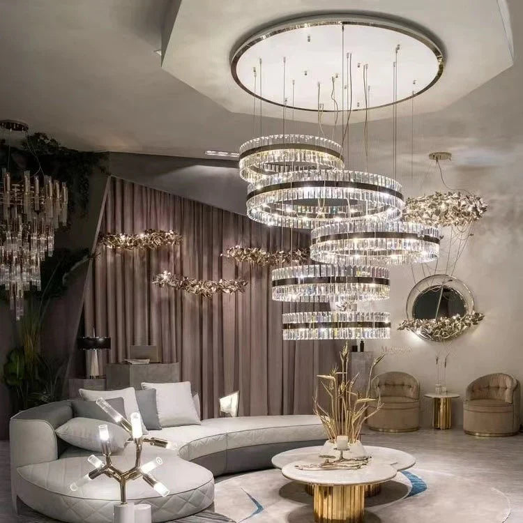 Gold Finish 5-Ring Crystal Chandelier with Metal and Glass Materials