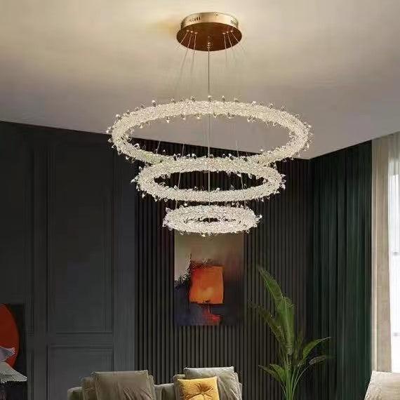 Modern 3-Ring Round K9 Crystal Chandelier with Steel Wire Finish for Living Room Bedroom
